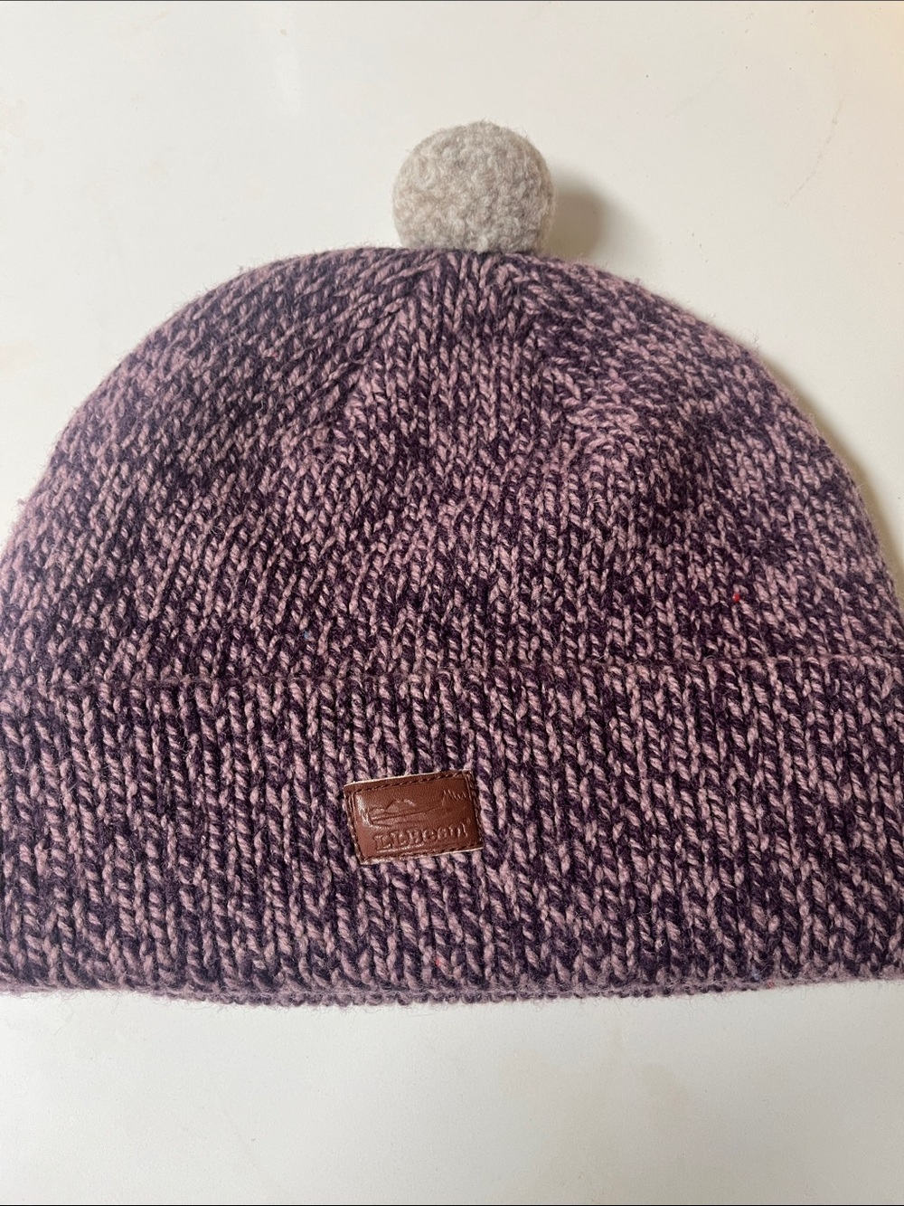 LL Bean Beanie - Heathered Purple with Cream Pom